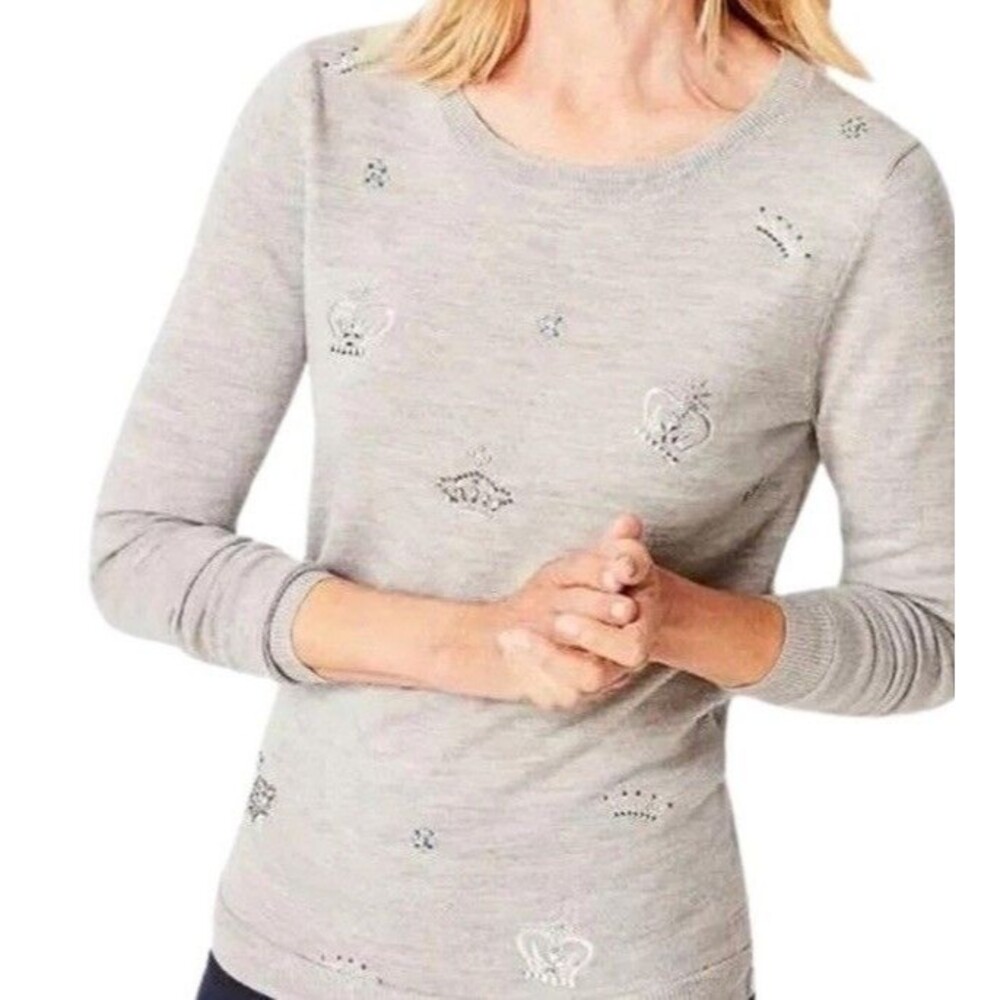 Talbots Women’s  embroidered & beaded Pure 100% merino Wool sweater Grey size M